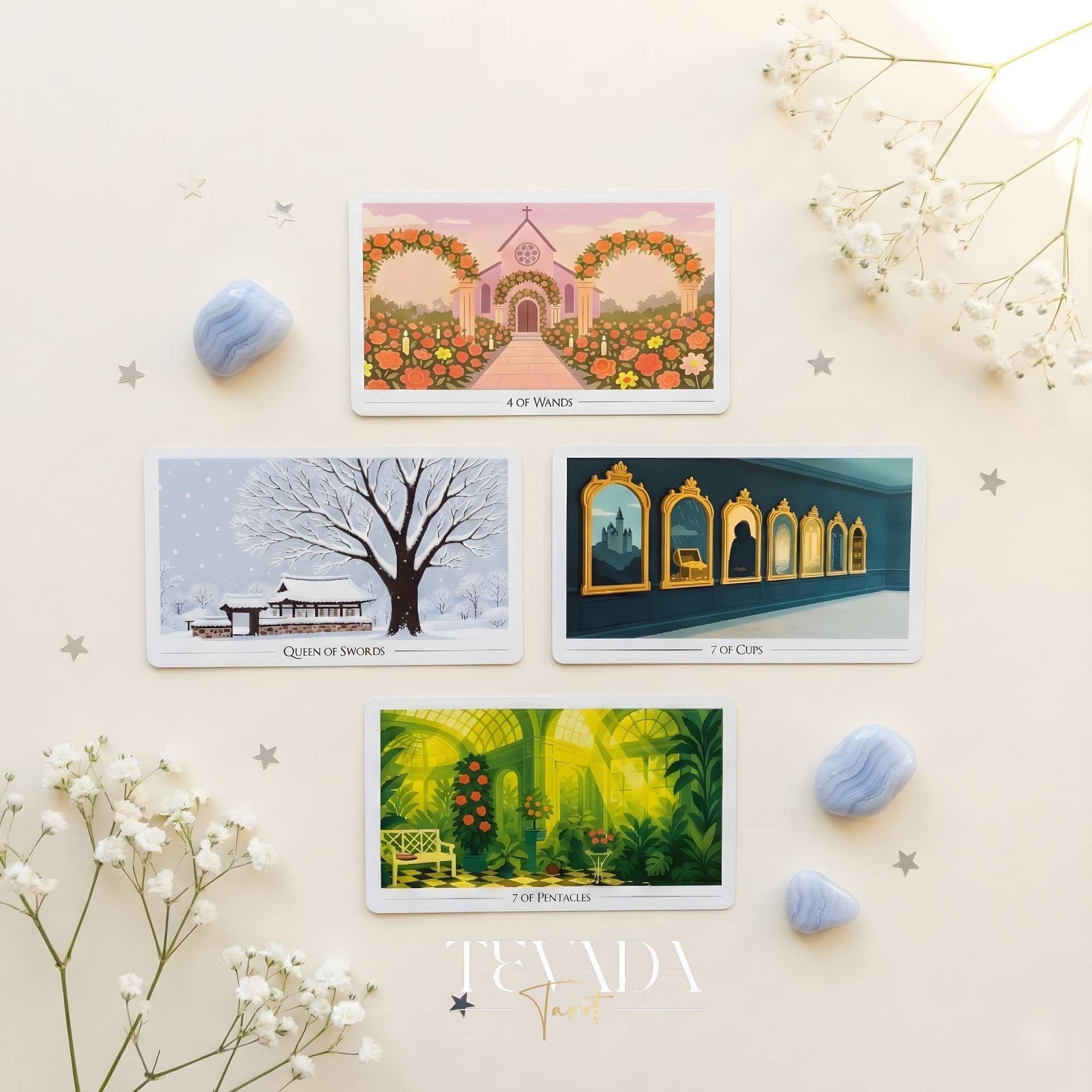 Picturesque Tarot Deck with horizontal healing landscape illustrations for intuitive divination.