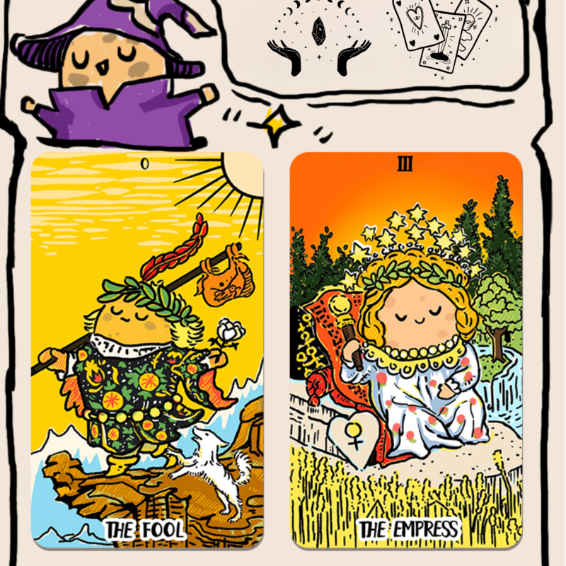 Discover the Potato Waite Tarot DELUXE, a whimsical 78-card deck featuring happy potatoes. Perfect for tarot beginners and pros seeking playful guidance and magical insights.