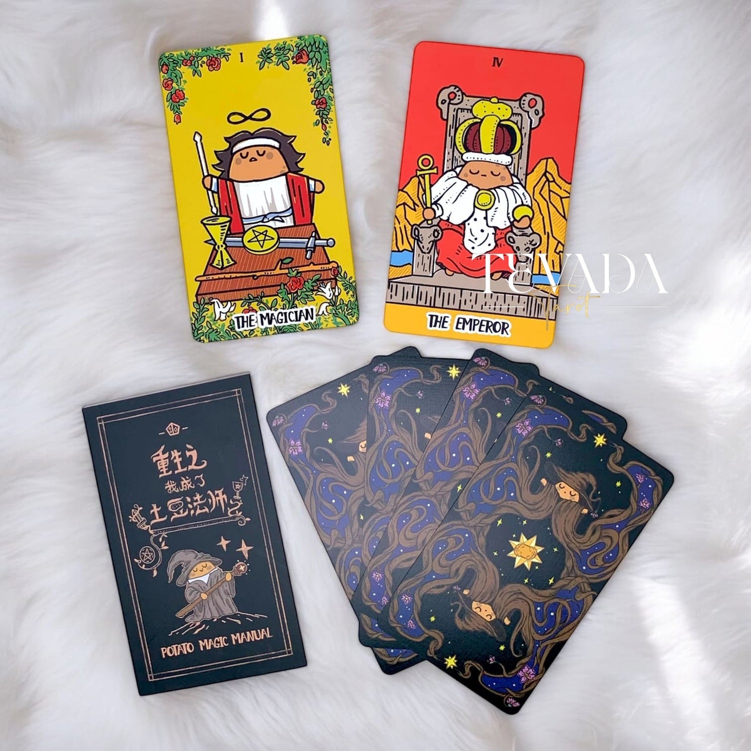 Discover the Potato Waite Tarot DELUXE, a whimsical 78-card deck featuring happy potatoes. Perfect for tarot beginners and pros seeking playful guidance and magical insights.