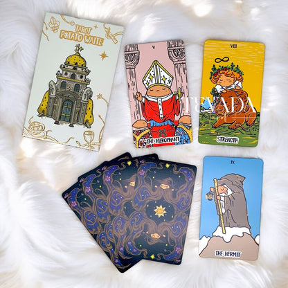 Discover the Potato Waite Tarot DELUXE, a whimsical 78-card deck featuring happy potatoes. Perfect for tarot beginners and pros seeking playful guidance and magical insights.