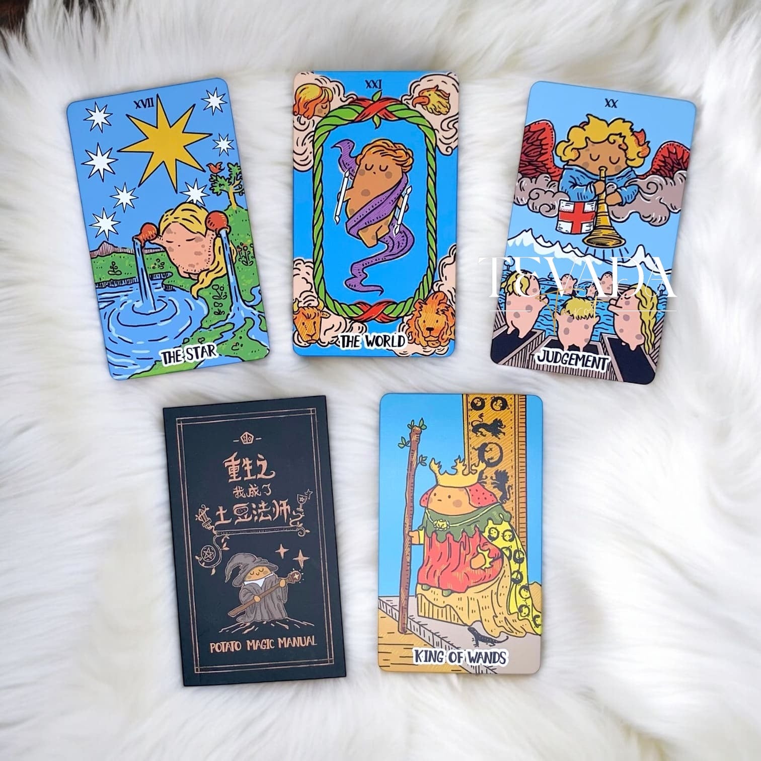 Discover the Potato Waite Tarot DELUXE, a whimsical 78-card deck featuring happy potatoes. Perfect for tarot beginners and pros seeking playful guidance and magical insights.