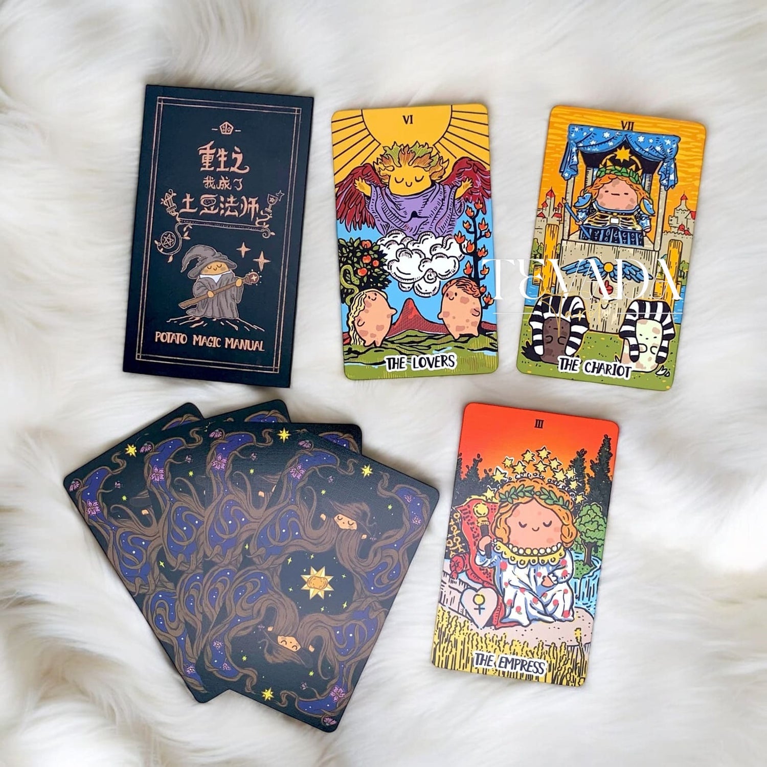 Discover the Potato Waite Tarot DELUXE, a whimsical 78-card deck featuring happy potatoes. Perfect for tarot beginners and pros seeking playful guidance and magical insights.