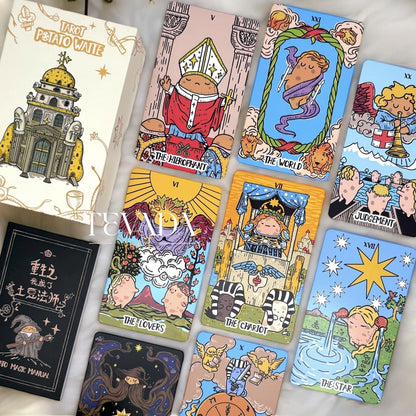 Discover the Potato Waite Tarot DELUXE, a whimsical 78-card deck featuring happy potatoes. Perfect for tarot beginners and pros seeking playful guidance and magical insights.