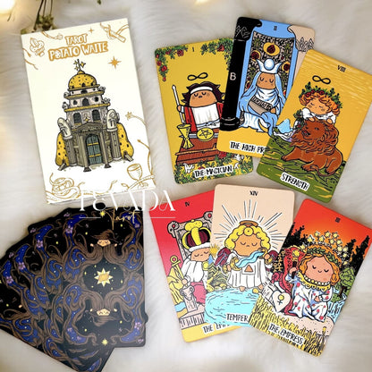 Discover the Potato Waite Tarot DELUXE, a whimsical 78-card deck featuring happy potatoes. Perfect for tarot beginners and pros seeking playful guidance and magical insights.