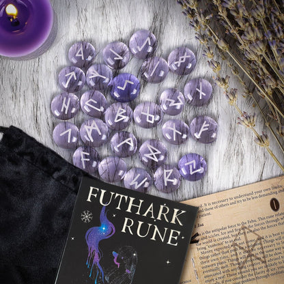 Purple Glass Runestone Set in translucent amethyst-colored glaze for divination, meditation, and minimalist altar decor.