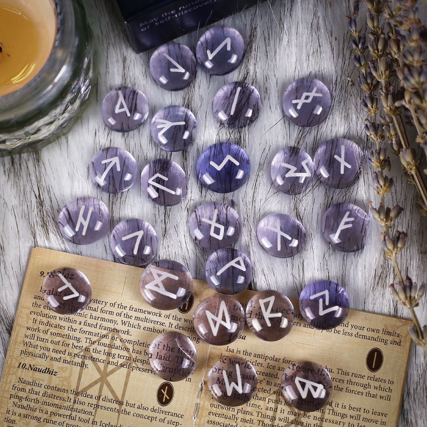 Purple Glass Runestone Set in translucent amethyst-colored glaze for divination, meditation, and minimalist altar decor.