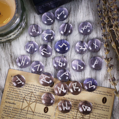 Purple Glass Runestone Set in translucent amethyst-colored glaze for divination, meditation, and minimalist altar decor.