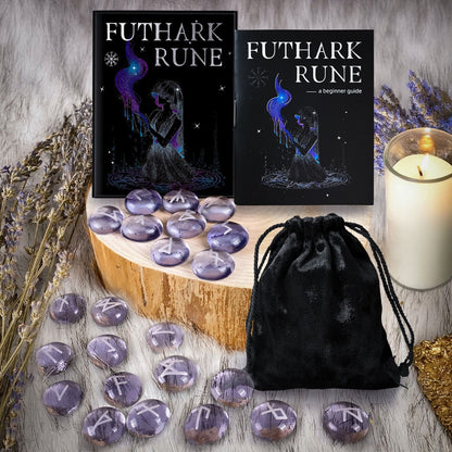 Purple Glass Runestone Set in translucent amethyst-colored glaze for divination, meditation, and minimalist altar decor.