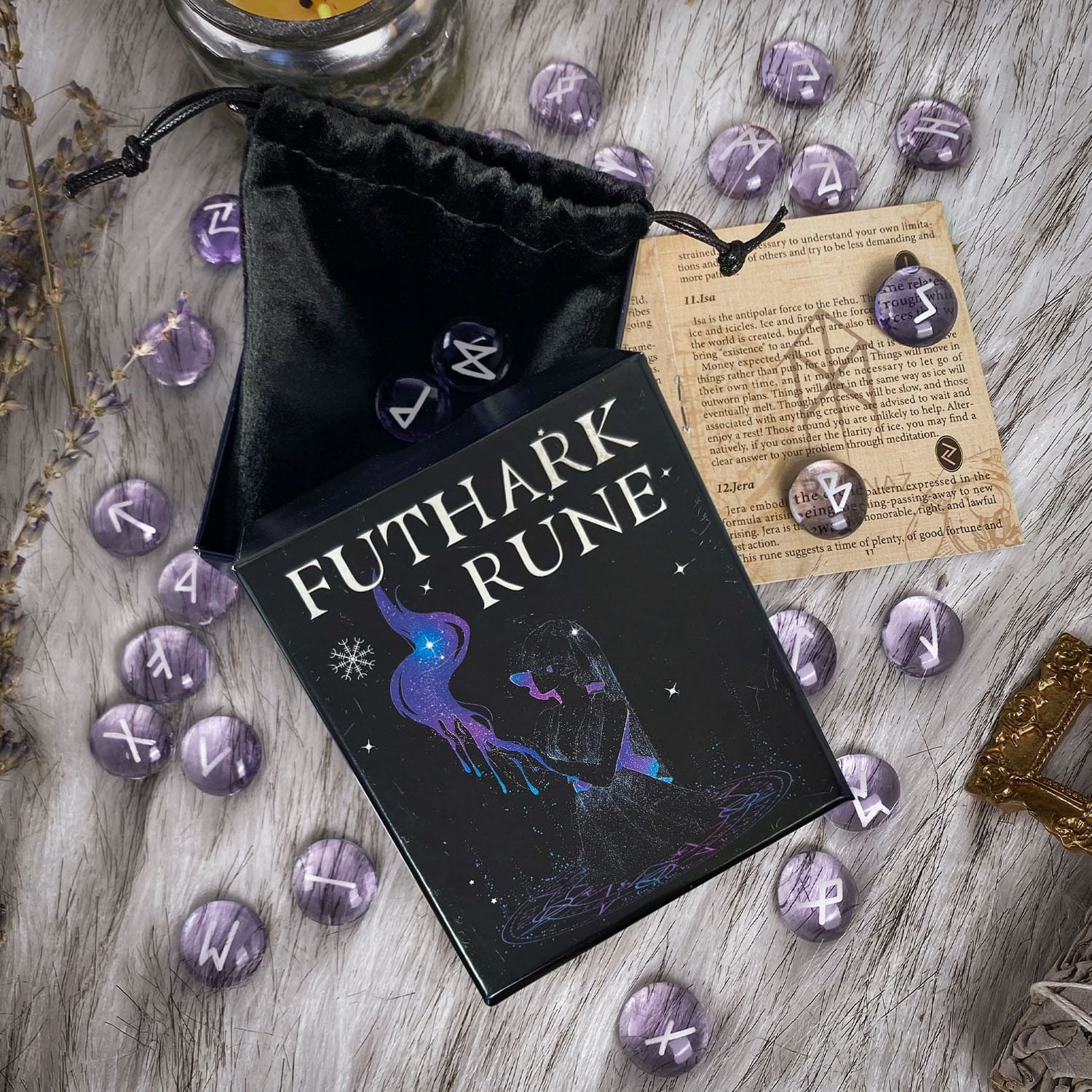 Purple Glass Runestone Set in translucent amethyst-colored glaze for divination, meditation, and minimalist altar decor.