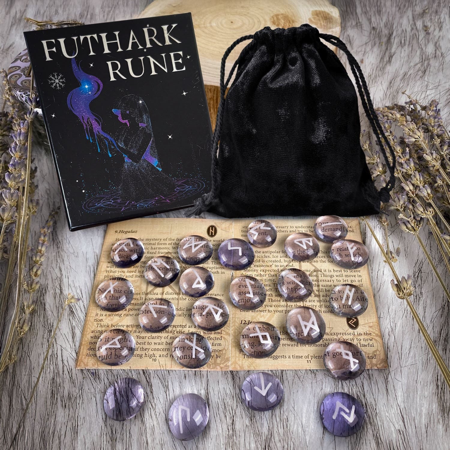 Purple Glass Runestone Set in translucent amethyst-colored glaze for divination, meditation, and minimalist altar decor.