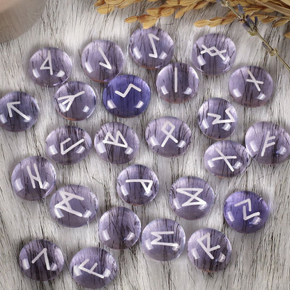 Purple Glass Runestone Set in translucent amethyst-colored glaze for divination, meditation, and minimalist altar decor.