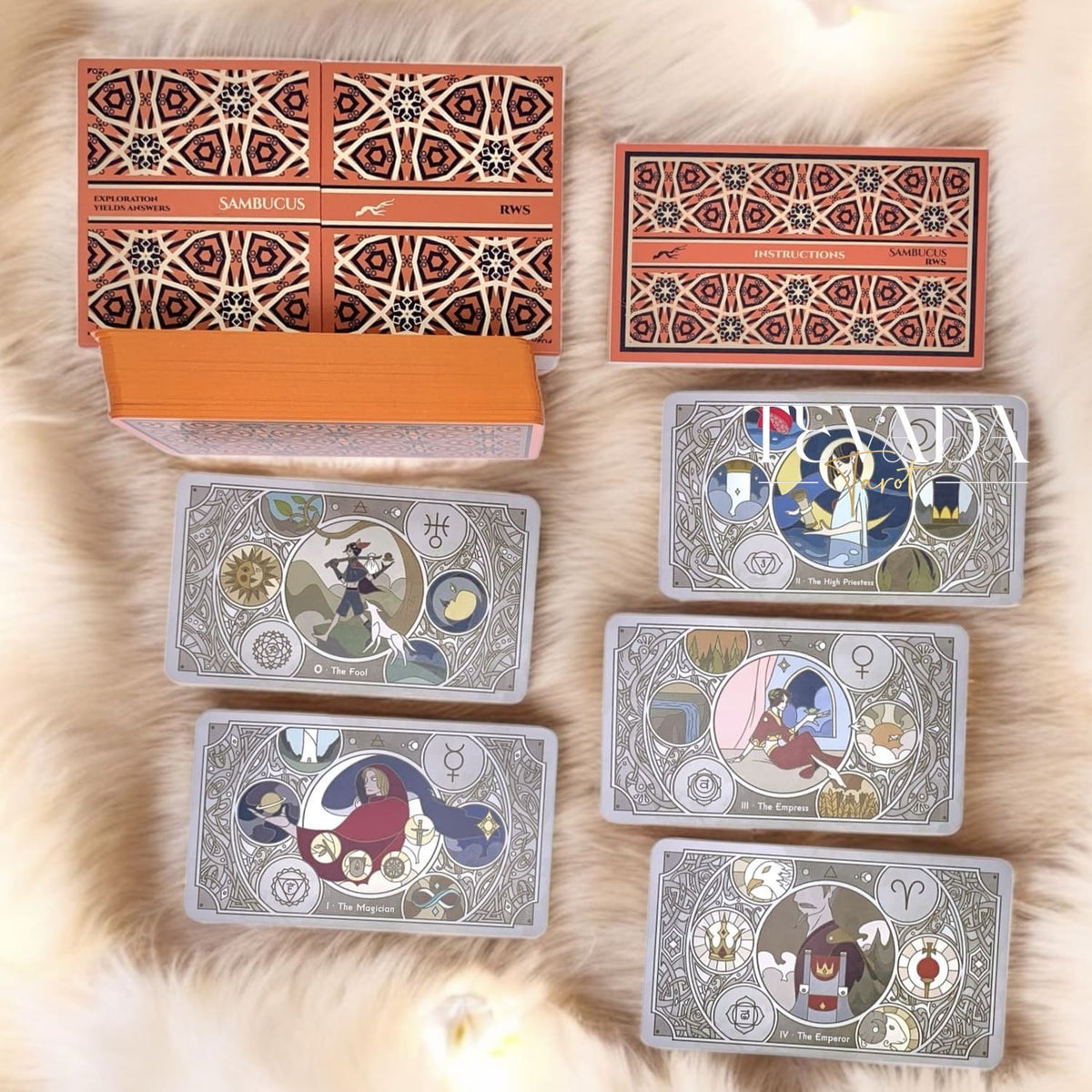 Descubra Sambucus Tarot II, una baraja Rider-Waite minimalista con un diseño horizontal único y un diseño de caja de inspiración vintage para lecturas intuitivas y modernas.