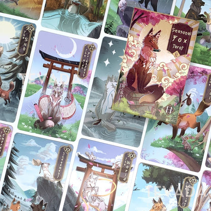 Embark on a magical journey with the Seasonal Fox Tarot II. This 78-card cartoon Tarot deck, inspired by Japanese folklore, offers DAY &amp; NIGHT editions to suit all skill levels