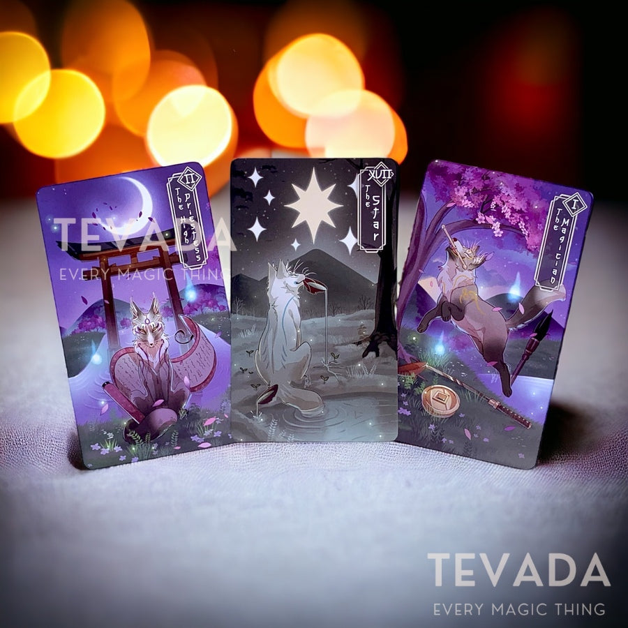 Embark on a magical journey with the Seasonal Fox Tarot II. This 78-card cartoon Tarot deck, inspired by Japanese folklore, offers DAY &amp; NIGHT editions to suit all skill levels