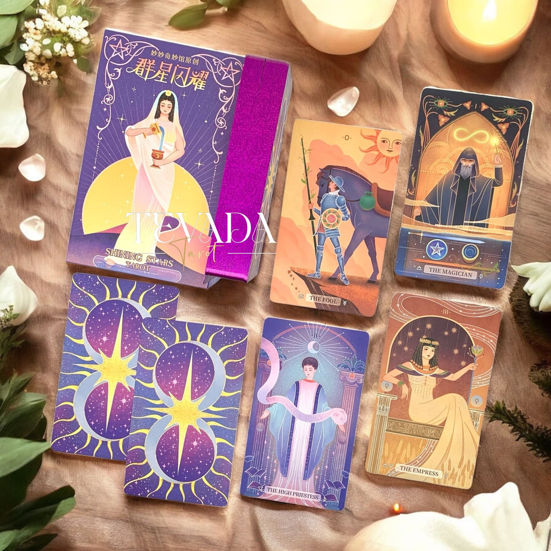 Discover the Shining Stars Tarot DELUXE Edition—78 starry-inspired cards linking history, intuition, and guidance to reveal wisdom, clarity, and personal growth through magical divination.