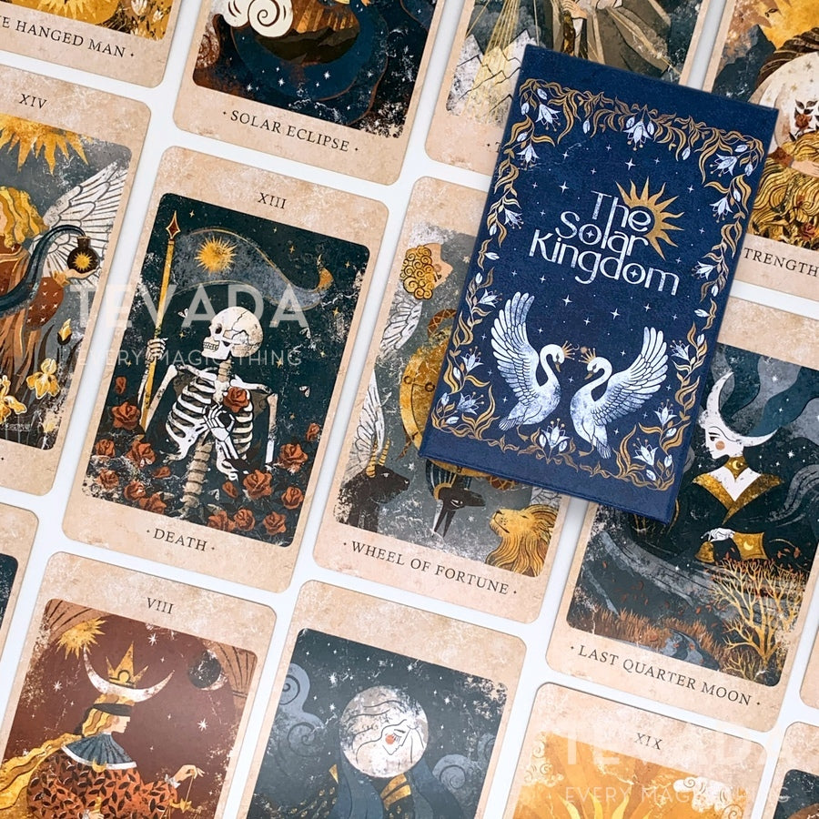Enter a radiant realm of magic and guidance with The Solar Kingdom Tarot, a 78+8 card deck reimagining classic archetypes through sun and moon mythology.