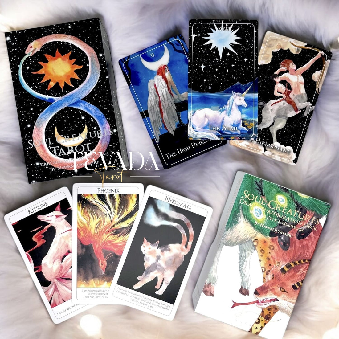 Unleash your intuition with the Soul Creatures Tarot + Oracle Duo Set. A 78-card tarot deck and 48-card oracle, each hand-painted with mythical creatures to guide your personal growth and transformation.