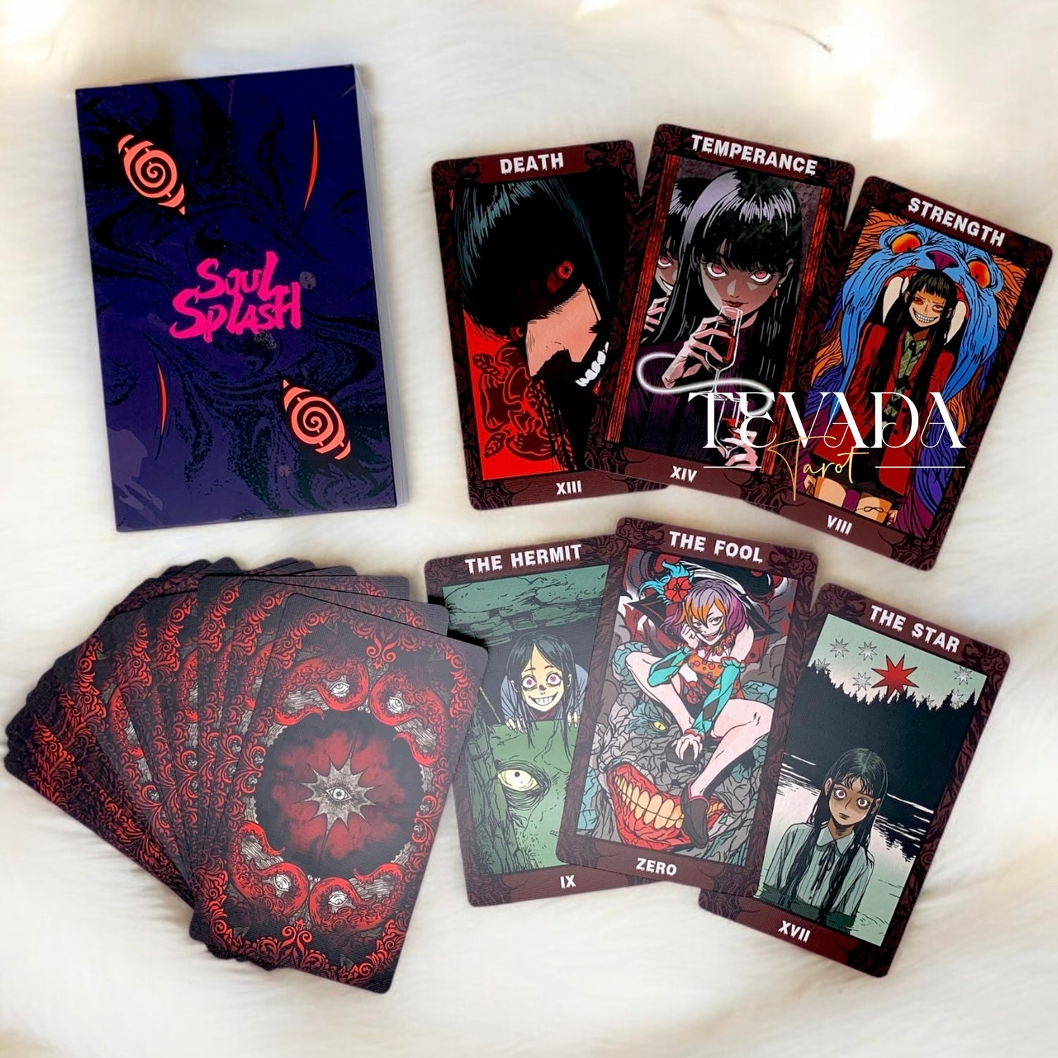 Explore the Soul Splash Tarot – an 82-card deck blending comic art with intuitive storytelling. Confront fears, embrace transformation, and dive into a visually stunning world of magic and grotesque beauty.