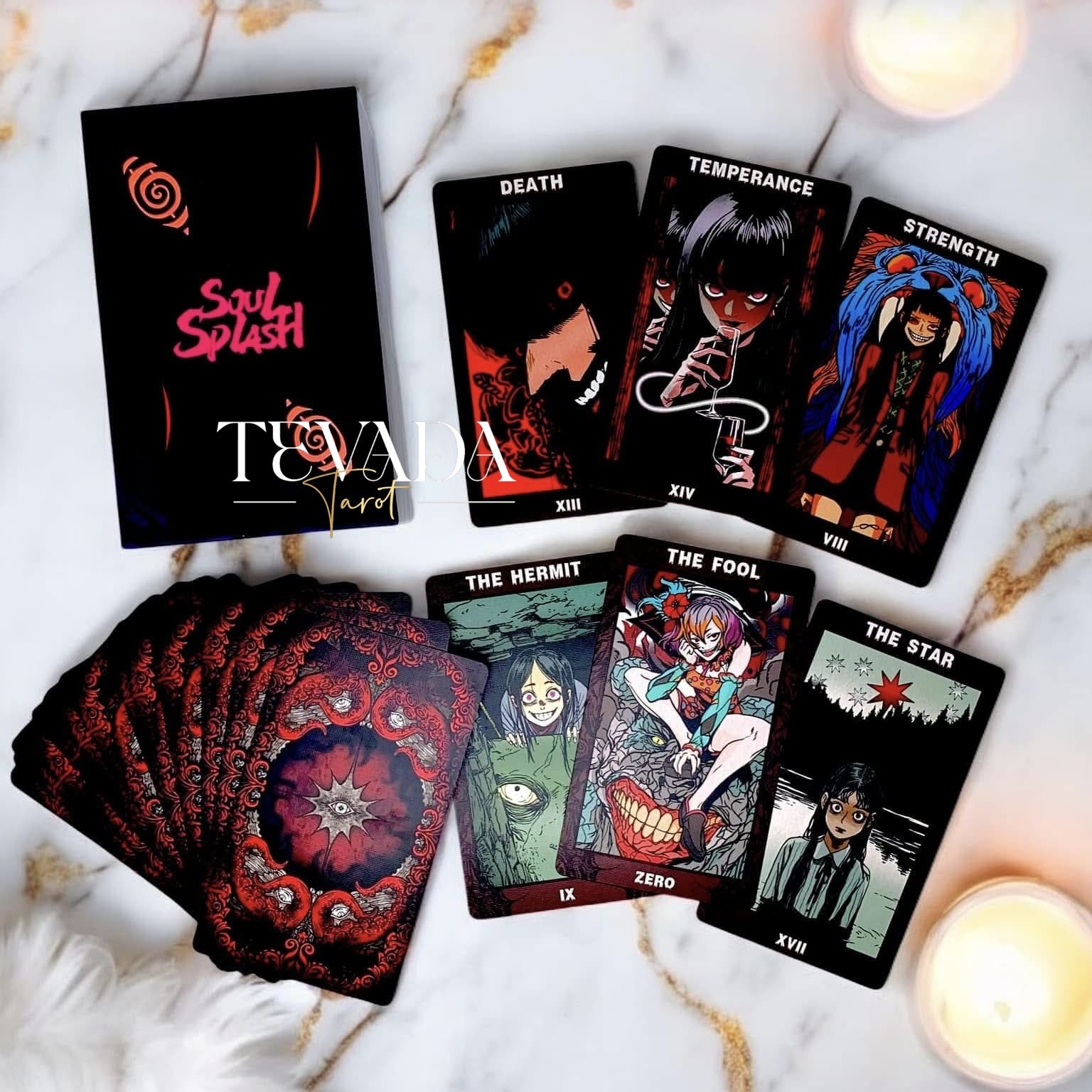 Explora el Soul Splash Tarot, una baraja de 82 cartas que combina el arte del cómic con una narración intuitiva. Enfréntate a los miedos, acepta la transformación y sumérgete en un mundo visualmente impresionante de magia y belleza grotesca.