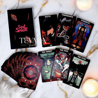 Explore the Soul Splash Tarot – an 82-card deck blending comic art with intuitive storytelling. Confront fears, embrace transformation, and dive into a visually stunning world of magic and grotesque beauty.