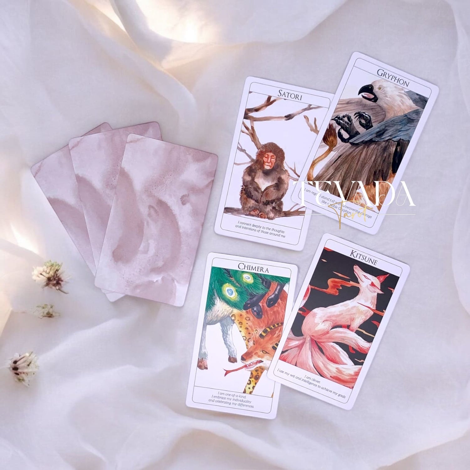 Discover the Soul Creatures Oracle, a 48-card deck illustrated in watercolor style, featuring mythical creatures. Perfect for intuitive guidance, personal growth, and magical reflections.