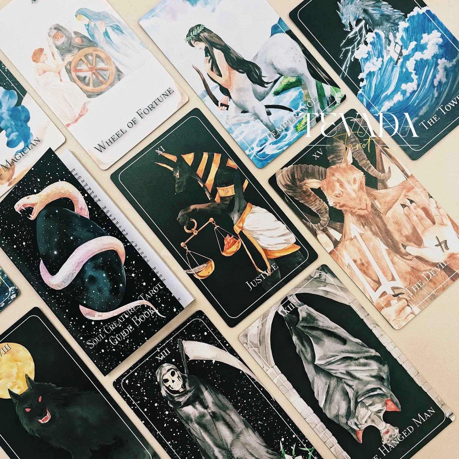 Unleash your intuition with the Soul Creatures Tarot. This stunning 78-card deck features hand-painted watercolor art inspired by global myths, guiding your spiritual journey and self-discovery.