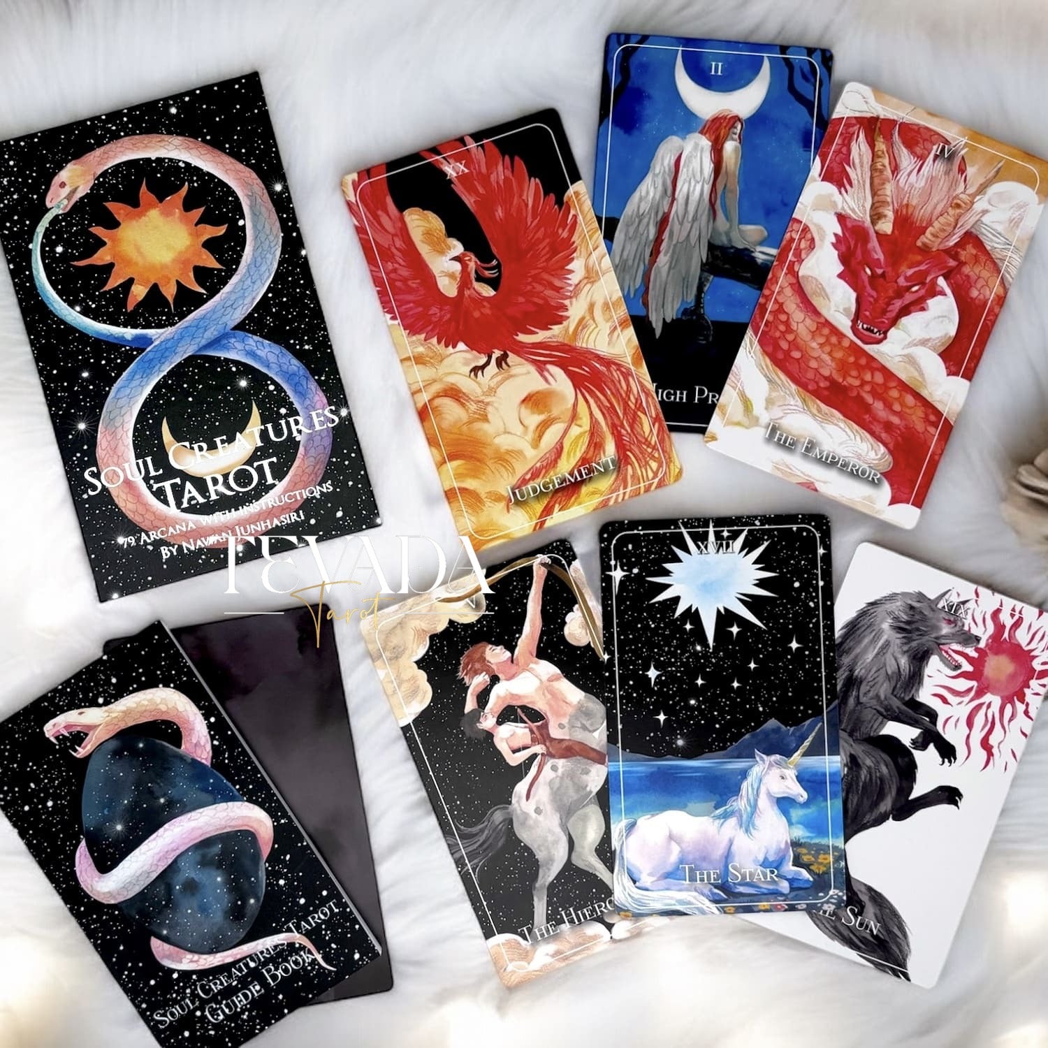 Unleash your intuition with the Soul Creatures Tarot. This stunning 78-card deck features hand-painted watercolor art inspired by global myths, guiding your spiritual journey and self-discovery.