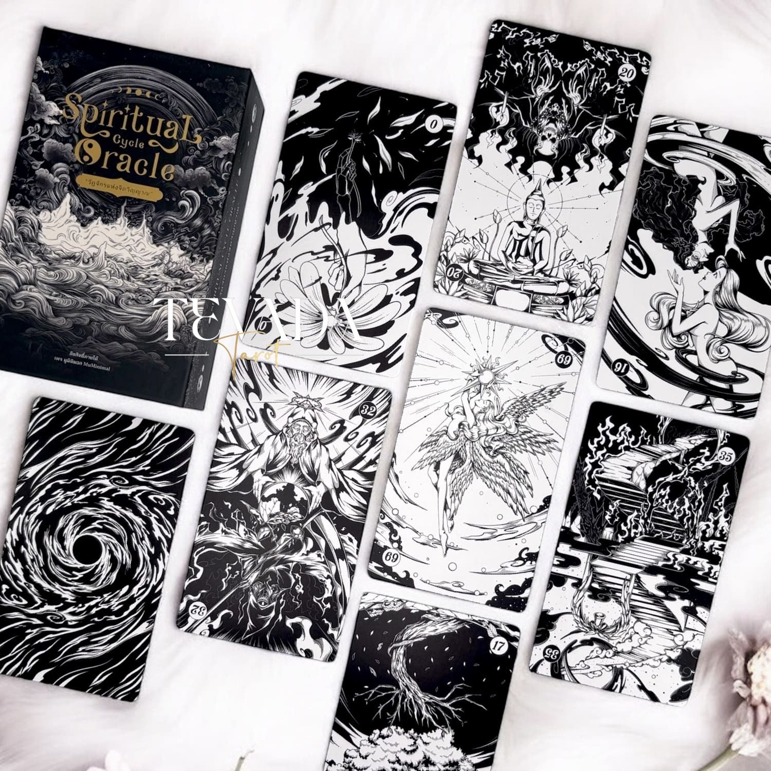 Discover the Spiritual Cycle Oracle, a 66-card deck offering deep insights and guidance. Explore the cycle of the soul with multi-faceted, black &amp; white cards for intuitive and transformative readings.