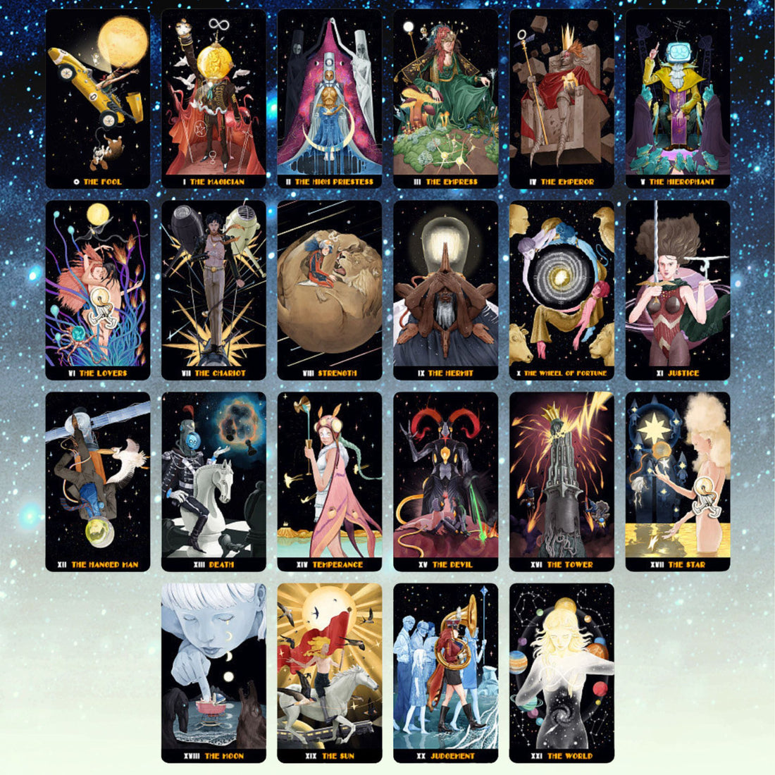 Explore the cosmos through The Star Clusters Tarot: Milky Way Edition — a stunning 78-card deck inspired by vintage sci-fi, cosmic wonder, and intuitive divination.