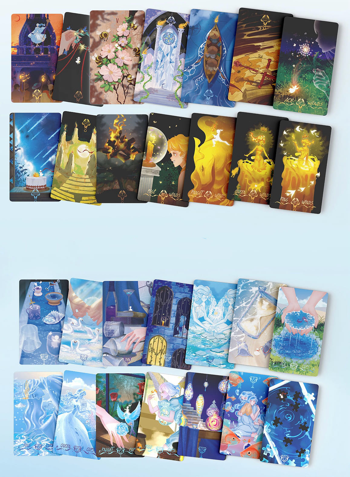 Starlit Gleanings Tarot with cute anime style watercolor art for intuitive divination and healing guidance.