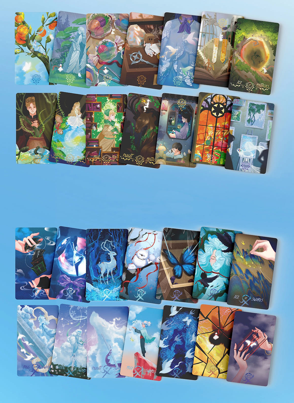 Starlit Gleanings Tarot with cute anime style watercolor art for intuitive divination and healing guidance.