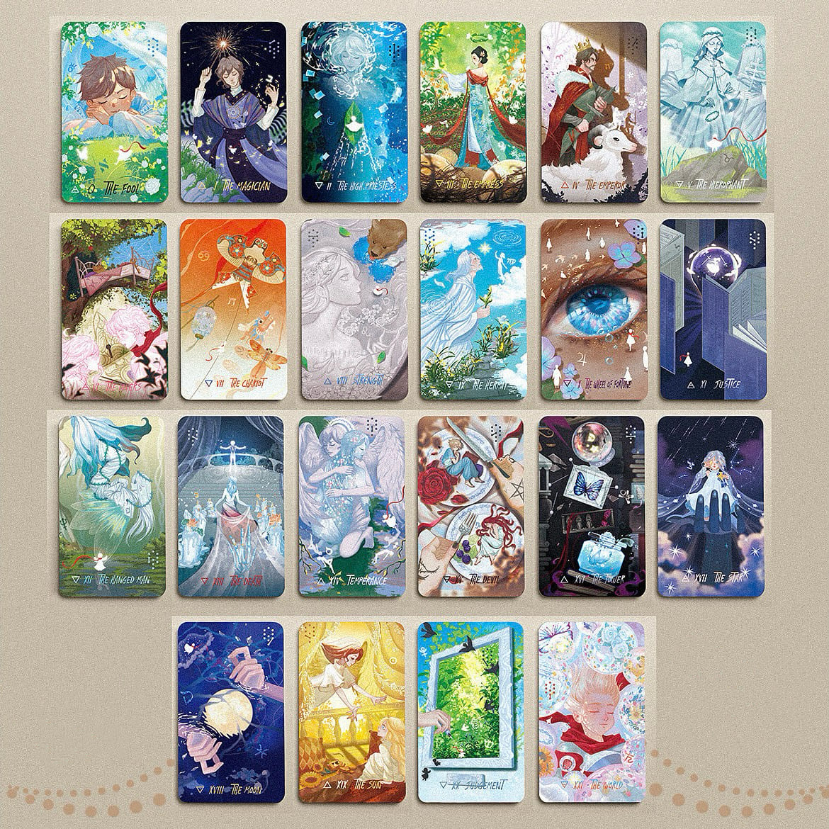 Starlit Gleanings Tarot with cute anime style watercolor art for intuitive divination and healing guidance.