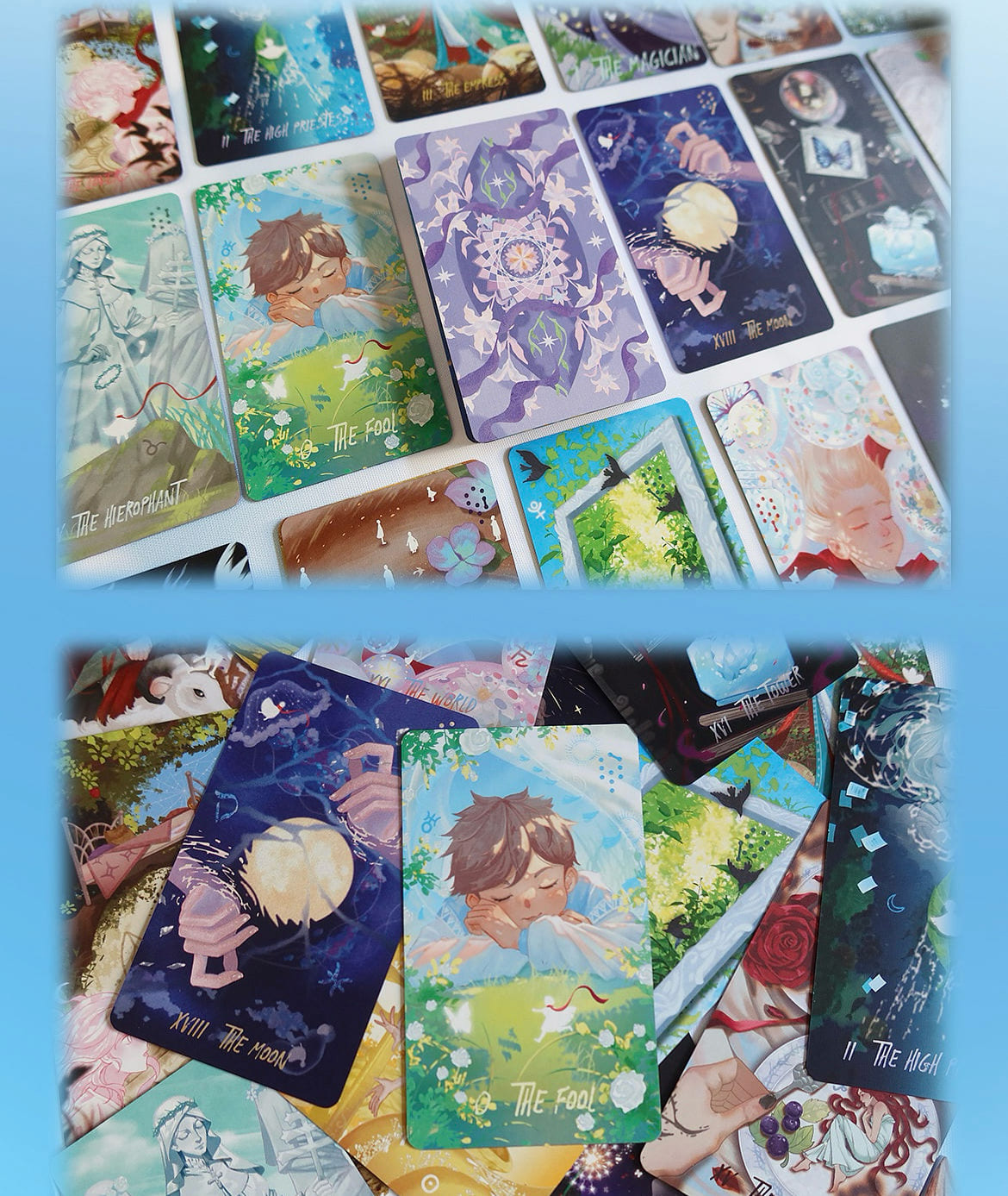 Starlit Gleanings Tarot with cute anime style watercolor art for intuitive divination and healing guidance.