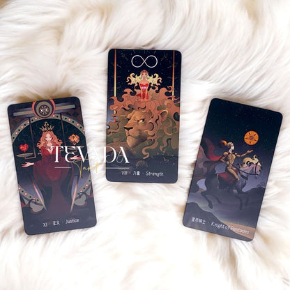 Discover the Stars Lighting Up the Night Tarot II. This 78-card deck blends celestial elegance, red and gold hues, and Rider-Waite tradition for intuitive readings and timeless divination.