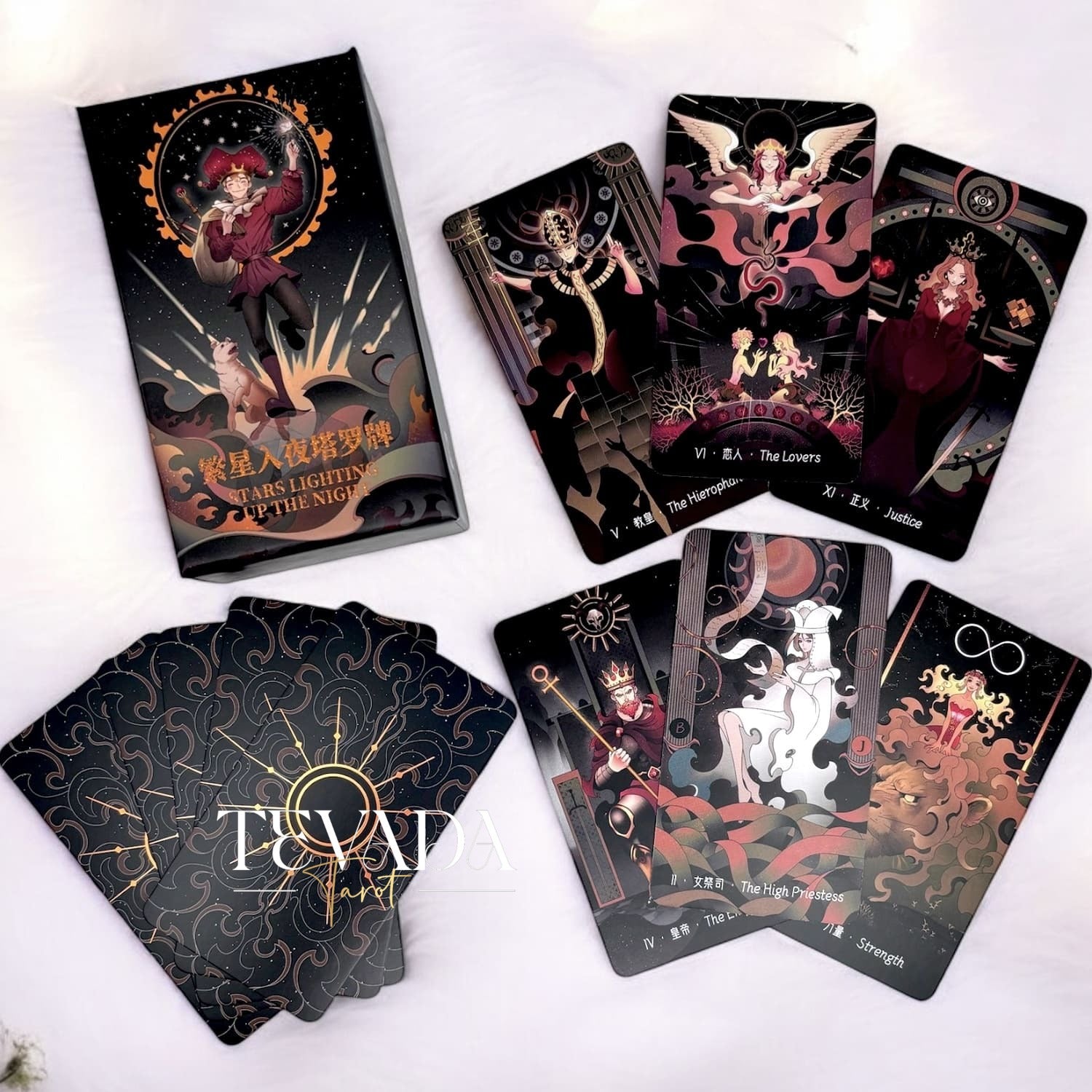 Discover the Stars Lighting Up the Night Tarot II. This 78-card deck blends celestial elegance, red and gold hues, and Rider-Waite tradition for intuitive readings and timeless divination.