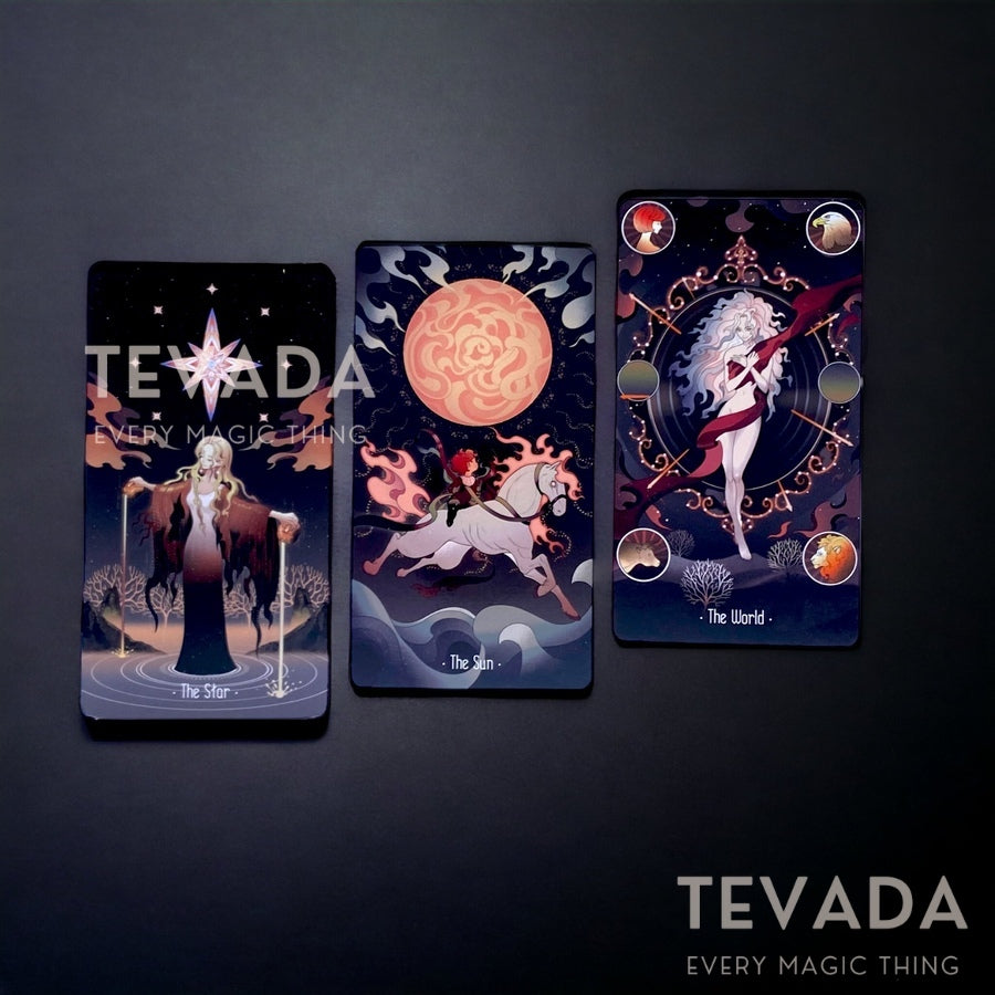 Stars Lighting Up the Night Tarot REGULAR connects you with ancient wisdom through a cartoon-inspired design. Discover intuitive, magical interpretations with this unique 78-card deck