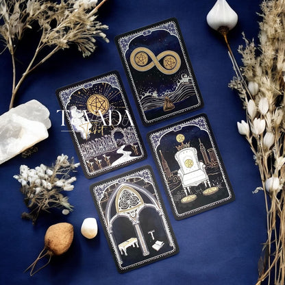 Discover Symbolica Tarot, a 78-card deck of timeless symbols with gold and silver accents. Unlock intuitive readings, clarity, and spiritual growth in every shuffle.
