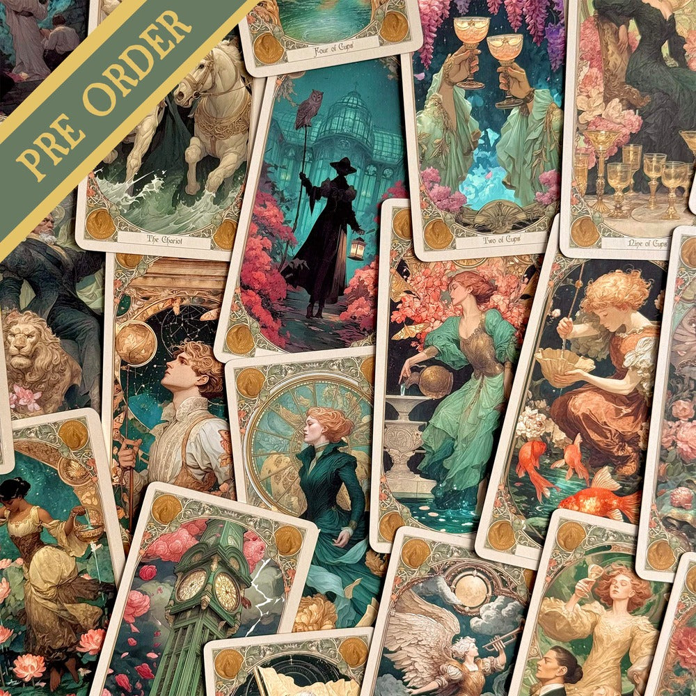 Elysian Shadows Victorian Art Nouveau gold foil tarot deck in keepsake box, for shadow work and intuitive reading.