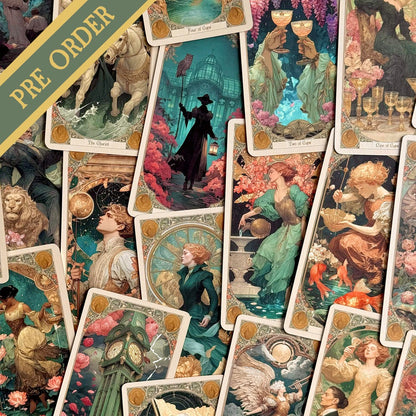 Elysian Shadows Victorian Art Nouveau gold foil tarot deck in keepsake box, for shadow work and intuitive reading.