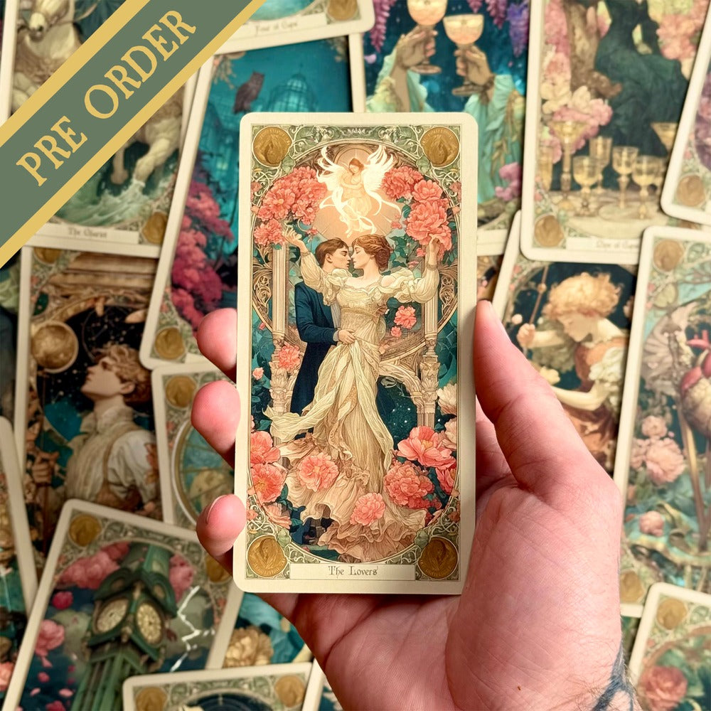 Elysian Shadows Victorian Art Nouveau gold foil tarot deck in keepsake box, for shadow work and intuitive reading.