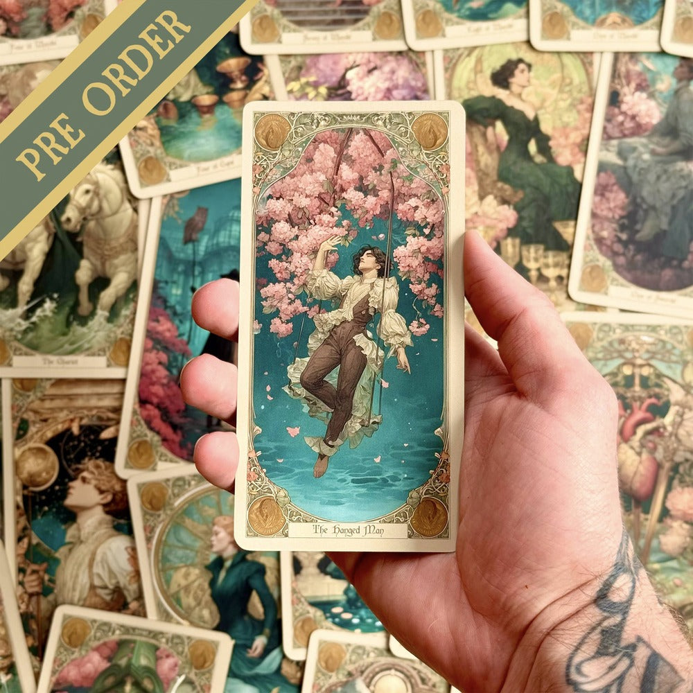 Elysian Shadows Victorian Art Nouveau gold foil tarot deck in keepsake box, for shadow work and intuitive reading.