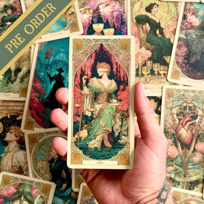 Elysian Shadows Victorian Art Nouveau gold foil tarot deck in keepsake box, for shadow work and intuitive reading.