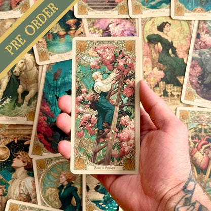 Elysian Shadows Victorian Art Nouveau gold foil tarot deck in keepsake box, for shadow work and intuitive reading.