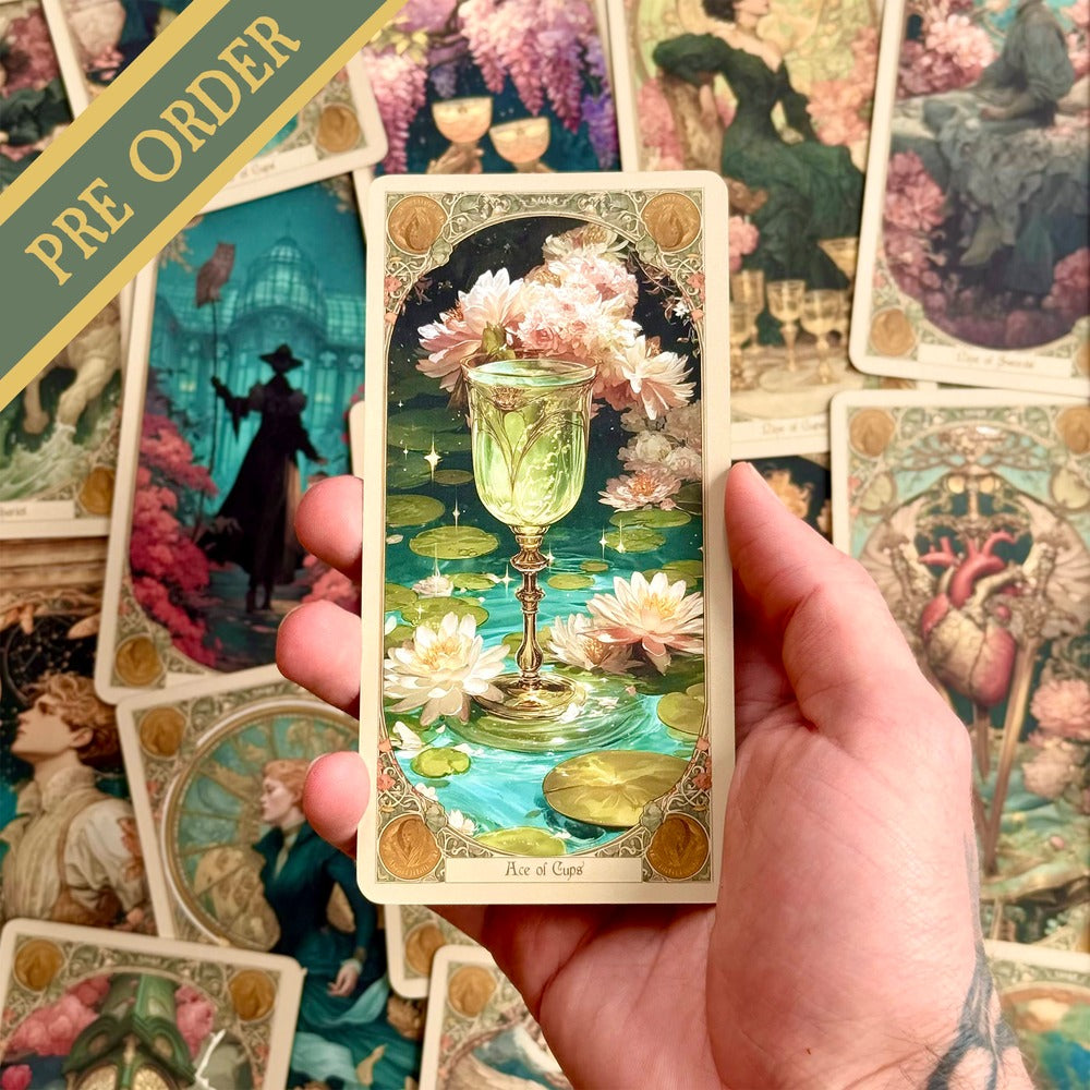 Elysian Shadows Victorian Art Nouveau gold foil tarot deck in keepsake box, for shadow work and intuitive reading.