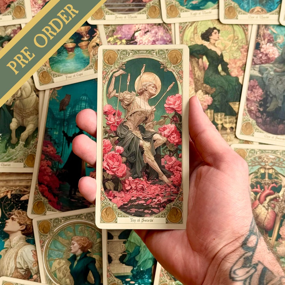 Elysian Shadows Victorian Art Nouveau gold foil tarot deck in keepsake box, for shadow work and intuitive reading.