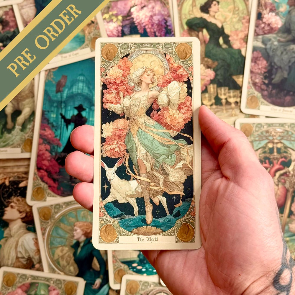 Elysian Shadows Victorian Art Nouveau gold foil tarot deck in keepsake box, for shadow work and intuitive reading.