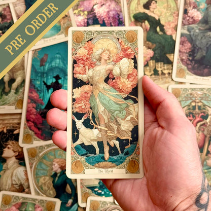 Elysian Shadows Victorian Art Nouveau gold foil tarot deck in keepsake box, for shadow work and intuitive reading.