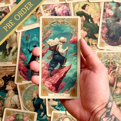 Elysian Shadows Victorian Art Nouveau gold foil tarot deck in keepsake box, for shadow work and intuitive reading.