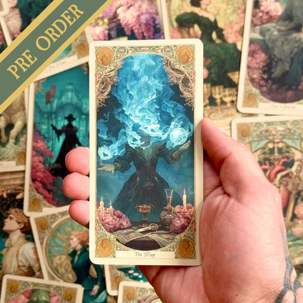 Elysian Shadows Victorian Art Nouveau gold foil tarot deck in keepsake box, for shadow work and intuitive reading.