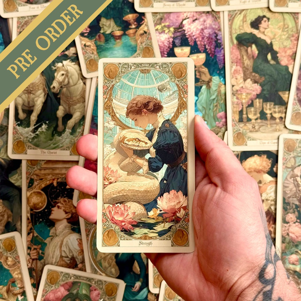 Elysian Shadows Victorian Art Nouveau gold foil tarot deck in keepsake box, for shadow work and intuitive reading.